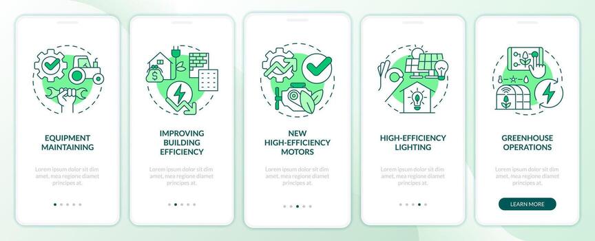 Farm energy efficiency green onboarding mobile app screen. Walkthrough 5 steps editable graphic instructions with linear concepts. UI, UX, GUI templated vector