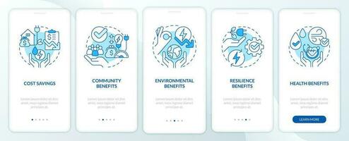 Energy efficiency benefits blue onboarding mobile app screen. Walkthrough 5 steps editable graphic instructions with linear concepts. UI, UX, GUI templated vector