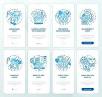 Energy efficiency blue onboarding mobile app screen set. Home tips walkthrough 4 steps editable graphic instructions with linear concepts. UI, UX, GUI templated vector