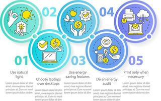 Energy efficiency at work blue circle infographic template. Data visualization with 5 steps. Editable timeline info chart. Workflow layout with line icons vector