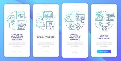 Starting online store blue gradient onboarding mobile app screen. Walkthrough 4 steps graphic instructions with linear concepts. UI, UX, GUI templated vector