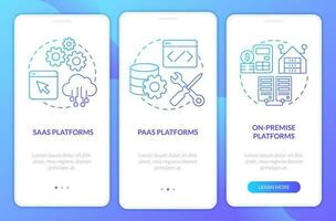 Types of ecommerce platforms blue gradient onboarding mobile app screen. Walkthrough 3 steps graphic instructions with linear concepts. UI, UX, GUI templated vector