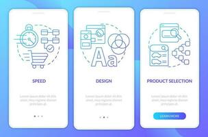 Ecommerce customer requirements blue gradient onboarding mobile app screen. Walkthrough 3 steps graphic instructions with linear concepts. UI, UX, GUI templated vector