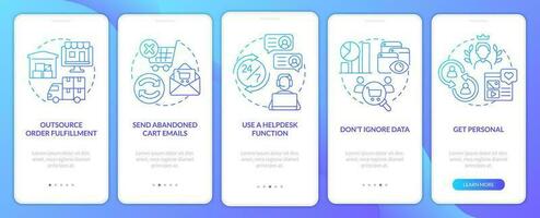 Online store management tips blue gradient onboarding mobile app screen. Walkthrough 5 steps graphic instructions with linear concepts. UI, UX, GUI templated vector