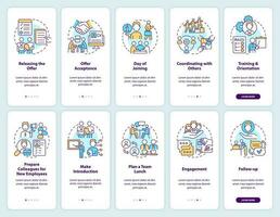 Developing employee integration onboarding mobile app screen set. Walkthrough 5 steps editable graphic instructions with linear concepts. UI, UX, GUI templated vector