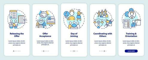 Team joining process onboarding mobile app screen. Employment walkthrough 5 steps editable graphic instructions with linear concepts. UI, UX, GUI templated vector