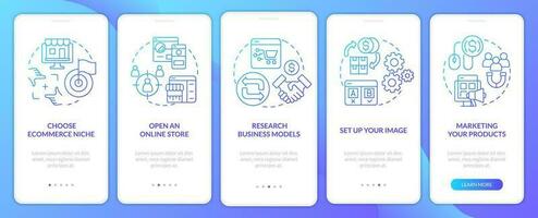 Starting ecommerce business steps blue gradient onboarding mobile app screen. Walkthrough 5 steps graphic instructions with linear concepts. UI, UX, GUI templated vector