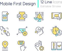 Mobile first design RGB color icons set. Website development. Smartphone application. Isolated vector illustrations. Simple filled line drawings collection. Editable stroke