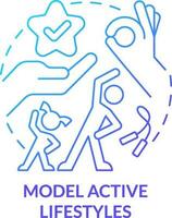 Model active lifestyles blue gradient concept icon. School leader role in mental health abstract idea thin line illustration. Exercising together. Isolated outline drawing vector