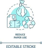 Reduce paper use turquoise concept icon. Zero waste business abstract idea thin line illustration. Conserve energy. Isolated outline drawing. Editable stroke vector
