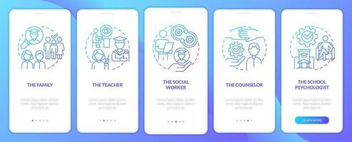 Responsibility for student mental health gradient onboarding mobile app screen. Walkthrough 5 steps graphic instructions with linear concepts. UI, UX, GUI templated vector