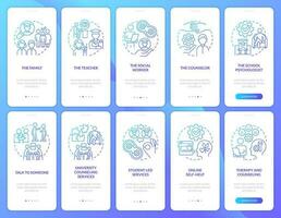 Protecting student mental health blue gradient onboarding mobile app screen set. Walkthrough 5 steps graphic instruction with linear concepts. UI, UX, GUI templated vector