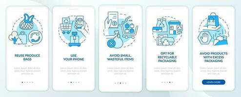 Reduce waste while shopping blue onboarding mobile app screen. Walkthrough 5 steps editable graphic instructions with linear concepts. UI, UX, GUI templated vector