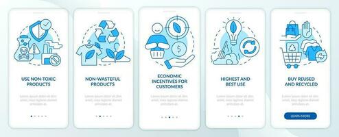 Zero waste business key elements blue onboarding mobile app screen. Walkthrough 5 steps editable graphic instructions with linear concepts. UI, UX, GUI templated vector