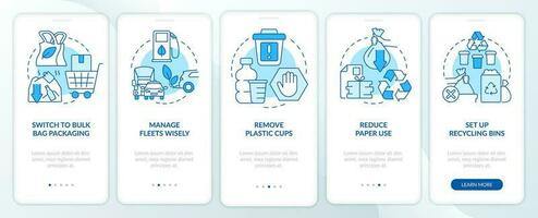 Becoming zero waste brand blue onboarding mobile app screen. Walkthrough 5 steps editable graphic instructions with linear concepts. UI, UX, GUI templated vector