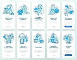 Achieve zero waste goals blue onboarding mobile app screen set. Walkthrough 5 steps editable graphic instructions with linear concepts. UI, UX, GUI templated vector