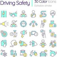 Driving safety RGB color icons set. Rules and regulations. Transportation. Isolated vector illustrations. Simple filled line drawings collection. Editable stroke