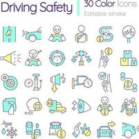 Driving safety RGB color icons set. Rules and regulations. Transportation. Isolated vector illustrations. Simple filled line drawings collection. Editable stroke