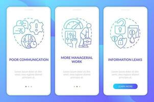 Outstaffing negative effects blue gradient onboarding mobile app screen. Walkthrough 3 steps graphic instructions with linear concepts. UI, UX, GUI templated vector