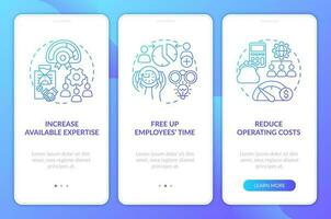 outsourcing pros para negocio proceso azul degradado inducción móvil aplicación pantalla. recorrido 3 pasos gráfico instrucciones con línea conceptos. ui, ux, gui plantilla vector