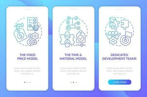 Pricing models in IT outsourcing blue gradient onboarding mobile app screen. Walkthrough 3 steps graphic instructions with linear concepts. UI, UX, GUI templated vector