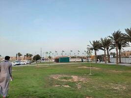 Jeddah, Saudi Arabia, June 2023 - A beautiful evening view of the Public Park on the Jeddah Corniche. This park is located right next to the sea. photo