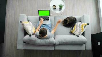 Overhead shot of woman using laptop with green mock-up screen video