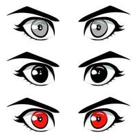 Set  of red, black and gray colored eyes with anime style eyebrows. vector