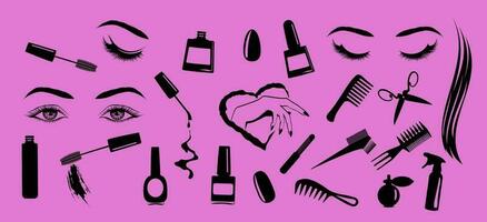 conjunto de siluetas de herramientas para belleza salón, cosmetología. vector