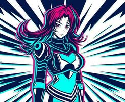 anime niña en alta tecnología armadura, cyborg traje, heroína en contra el antecedentes de rayos de luz, energía, explosión. vector