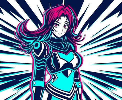 Anime girl in high-tech armor, cyborg costume, heroine against the background of rays of light, energy, explosion.