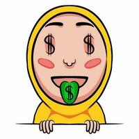 Icon with a green tongue sticking out there is a dollar sign, meaning materialistic or matre vector