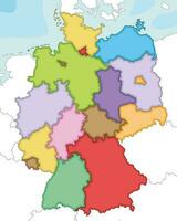 Vector illustrated blank map of Germany with federated states or regions and administrative divisions, and neighbouring countries. Editable and clearly labeled layers.