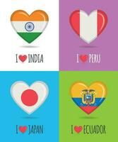 amoroso y vistoso carteles de India, Perú, Japón y Ecuador con corazón conformado nacional bandera y texto vector ilustración