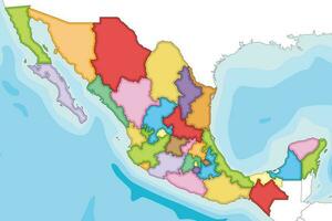 Vector illustrated blank map of Mexico with regions or states and administrative divisions, and neighbouring countries. Editable and clearly labeled layers.