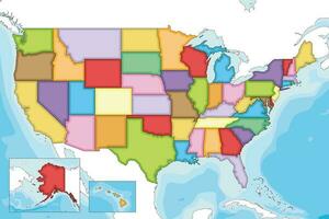 Vector illustrated blank map of USA with states and administrative divisions, and neighbouring countries. Editable and clearly labeled layers.