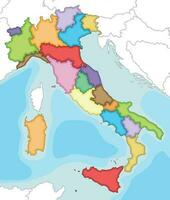 Vector illustrated blank map of Italy with regions and administrative divisions, and neighbouring countries and territories. Editable and clearly labeled layers.