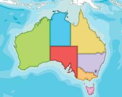 Vector illustrated blank map of Australia with regions and administrative divisions, and neighbouring countries and territories. Editable and clearly labeled layers.