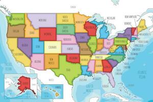 Vector illustrated map of USA with states and administrative divisions, and neighbouring countries. Editable and clearly labeled layers.