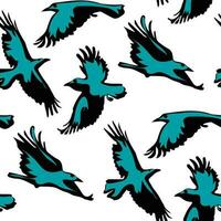 A pattern of black ravens with a bright blue glow from the spotlight. Colorful texture on a white background for a holiday. In the Halloween theme. Printing on textiles and paper, packaging vector