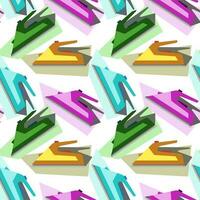 A pattern of multicolored ironing board irons for flatiron clothes in a cartoon style. Seamless vector illustration. Imitation of movement, sewing workshop. Printing on textiles and paper