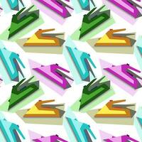 A pattern of multicolored ironing board irons for flatiron clothes in a cartoon style. Seamless vector illustration. Imitation of movement, sewing workshop. Printing on textiles and paper