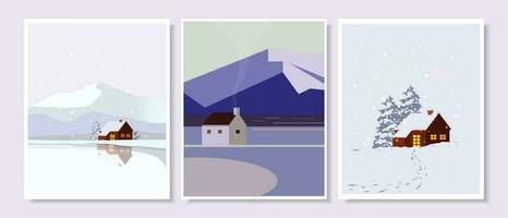 House on winter season landscape vector illustration set.
