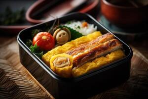 stock photo of Tamagoyaki Japanese Rolled omelette in bento with rice food photography