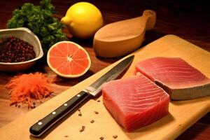 stock photo of a slicing tuna meat on a cutting board table food photography