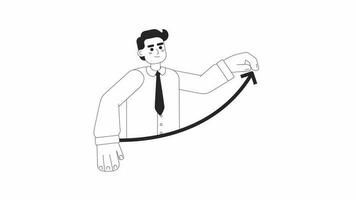 Business man pulling chart arrow up bw 2D animation. Finance officer 4K video motion graphic. Statistic presentation. Business growth monochrome outline animated cartoon flat concept, white background