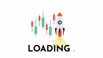 Stock market trends 2D loading animation. Trading candlesticks stocks with rocket take off animated cartoon object 4K video loader motion graphic. Buying and selling download, upload progress gif