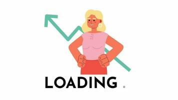 Stock trader woman with growing arrow 2D loading animation. Success chart. Purposeful woman animated cartoon character 4K video loader motion graphic. Sales growth graph download, upload progress gif