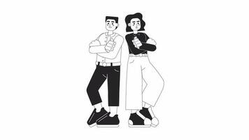 Business partners crossed arms bw cartoon animation. Startup partnership 4K video motion graphic. Businesspeople working together 2D monochrome line animated characters isolated on white background