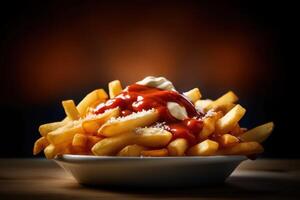 stock photo of fried fries with tomato sauce and mayonnaise food photography